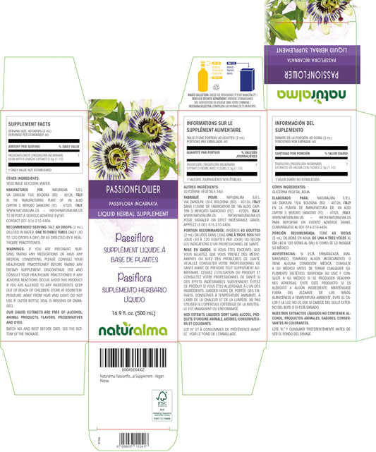 Naturalma passionflower drops show 40 drops (2 ml) per serving.