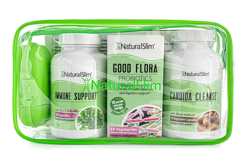 NaturalSlim Good Flora bottle resting on kitchen counter