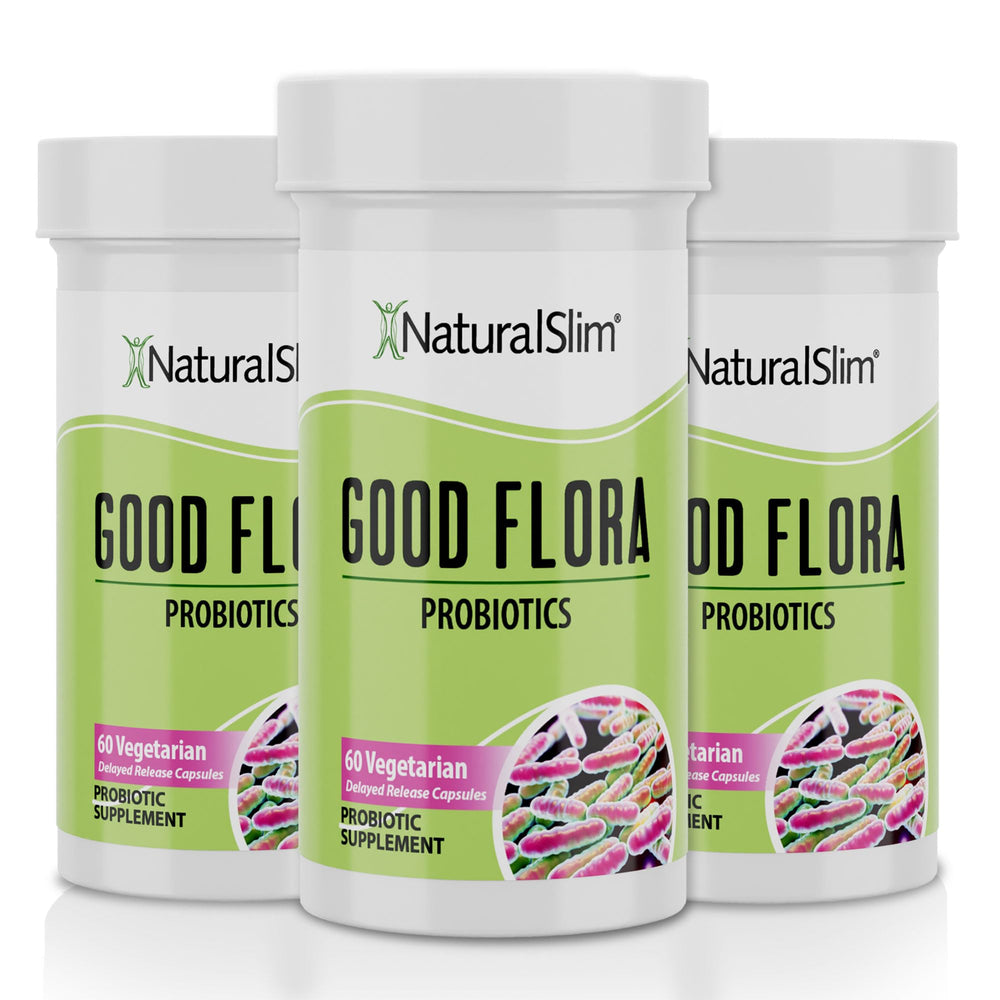 NaturalSlim Good Flora Probiotic bottle front, 60 vegetarian capsules for daily digestion.