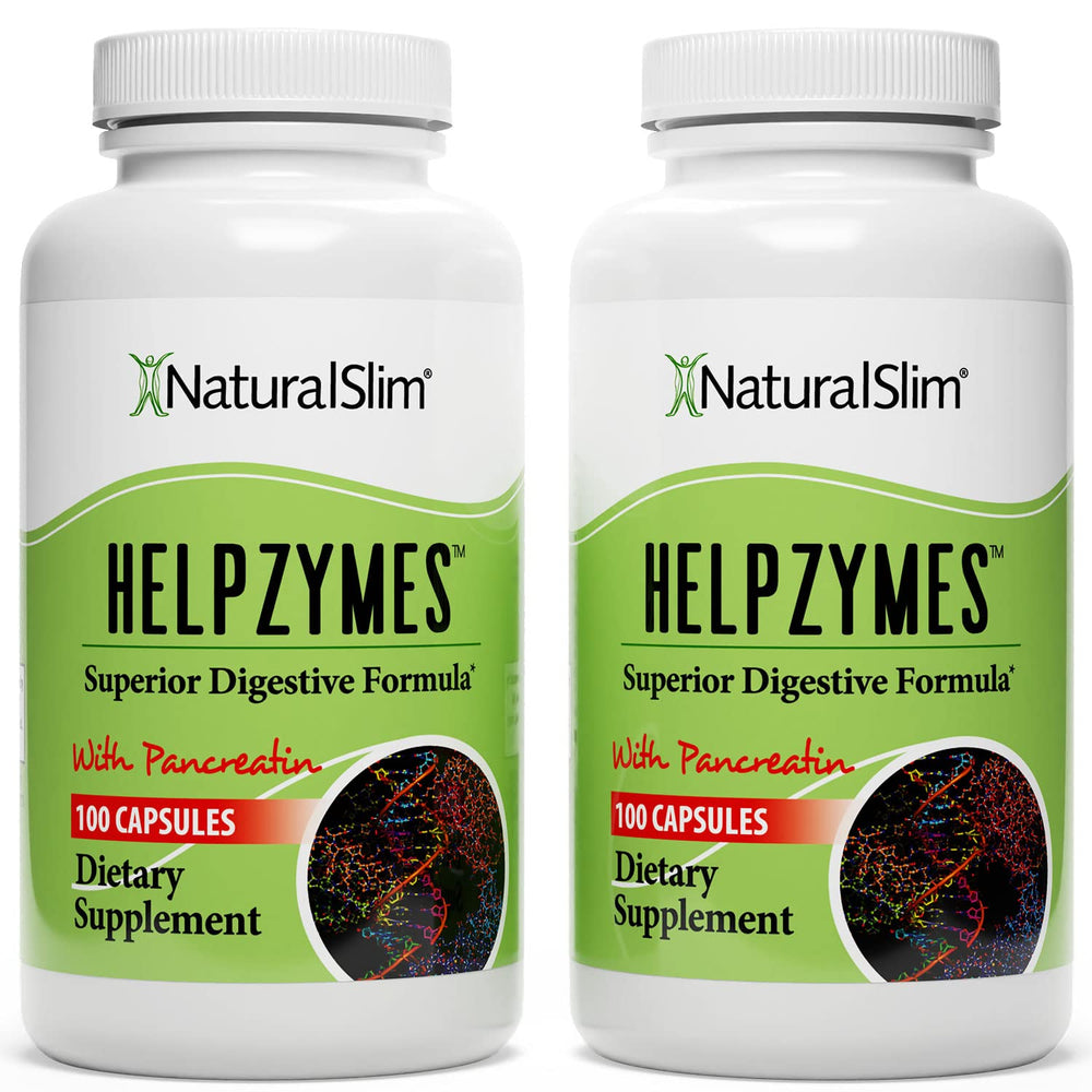 NaturalSlim Helpzymes enzyme complex bottle shown for digestion support after meals.