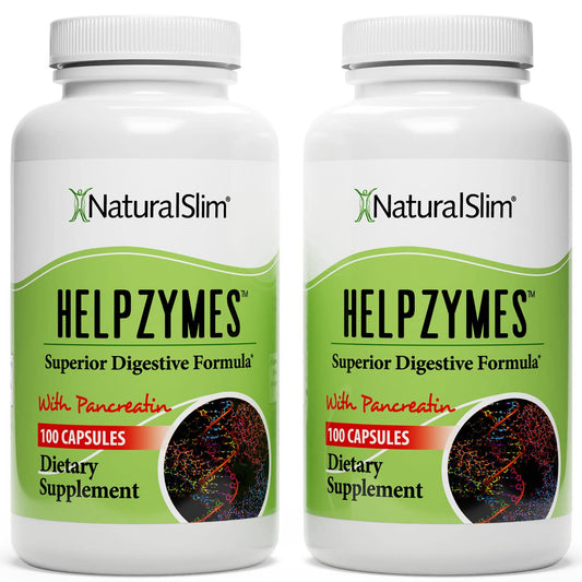 NaturalSlim Helpzymes enzyme complex bottle shown for digestion support after meals.