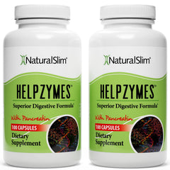 NaturalSlim Helpzymes enzyme complex bottle shown for digestion support after meals.