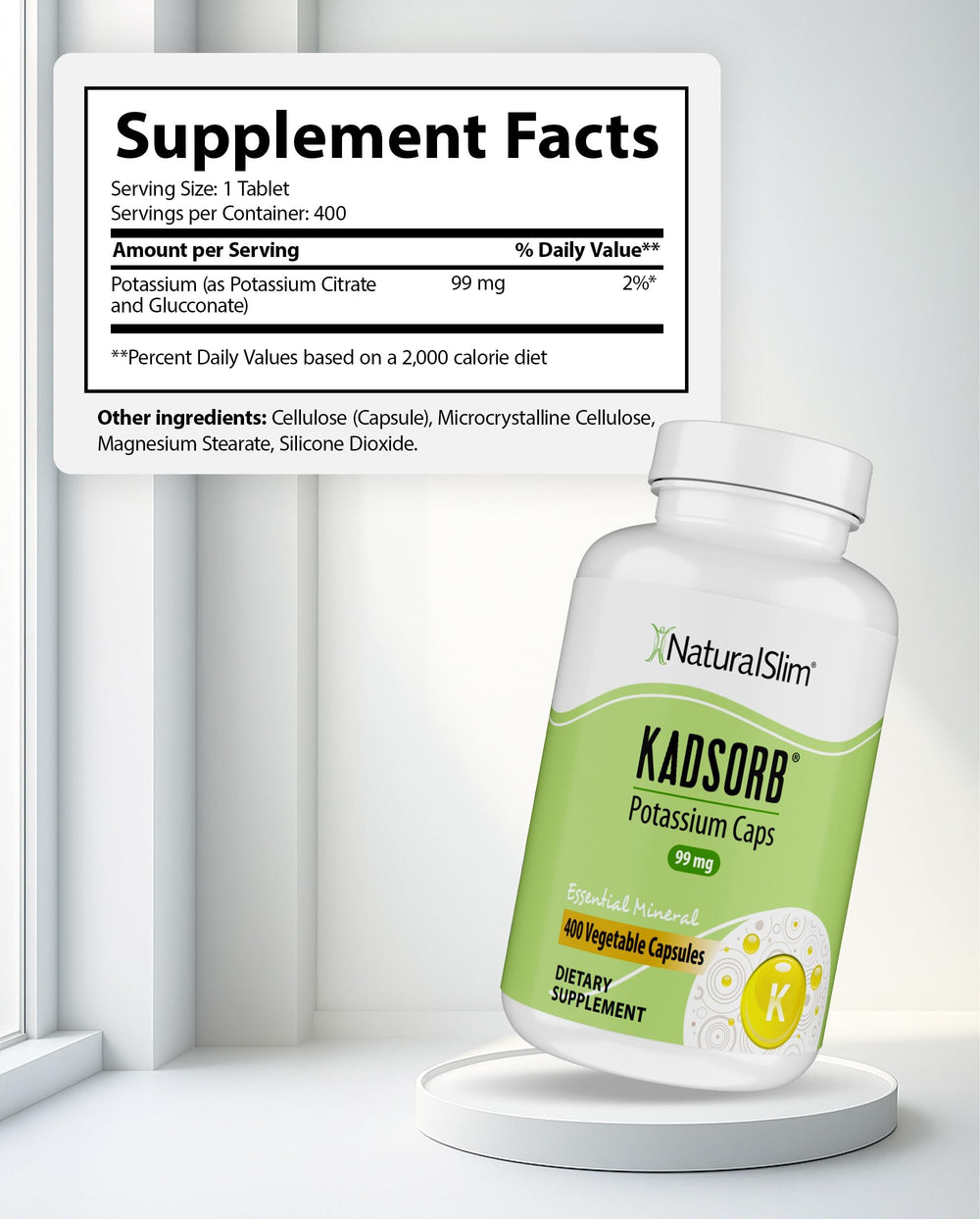 NaturalSlim Kadsorb capsules closeup emphasizes compact size for convenient daily potassium intake.
