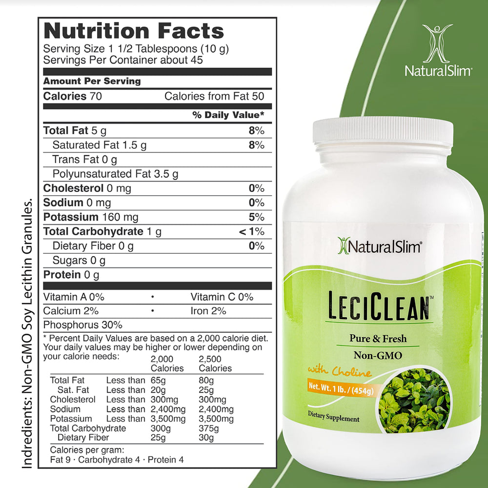 NaturalSlim LeciClean granules spoon highlights versatile topping for cereals and smoothies.
