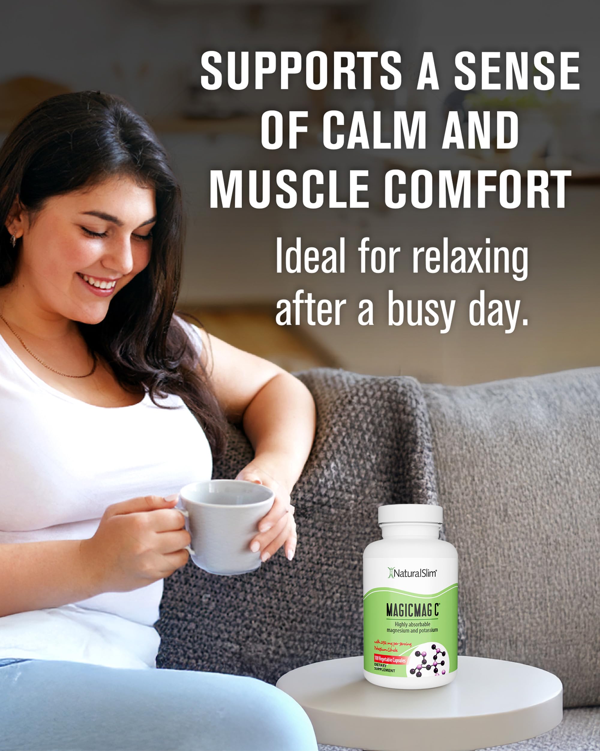 NaturalSlim MagicMag C bottle on table, convenient daily magnesium capsules for calm and focus.