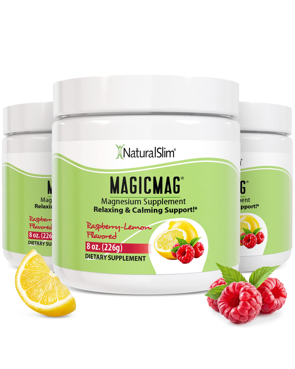NaturalSlim MagicMag Raspberry Lemon powder bottle ready to mix for daily wellness.