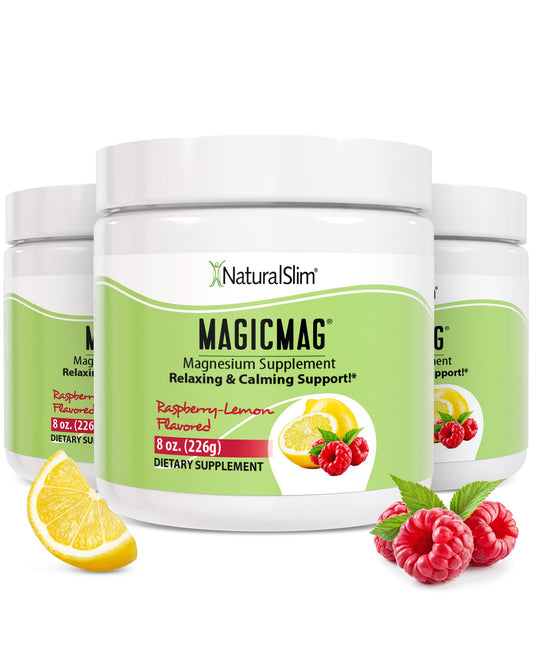 NaturalSlim MagicMag Raspberry Lemon powder bottle ready to mix for daily wellness.