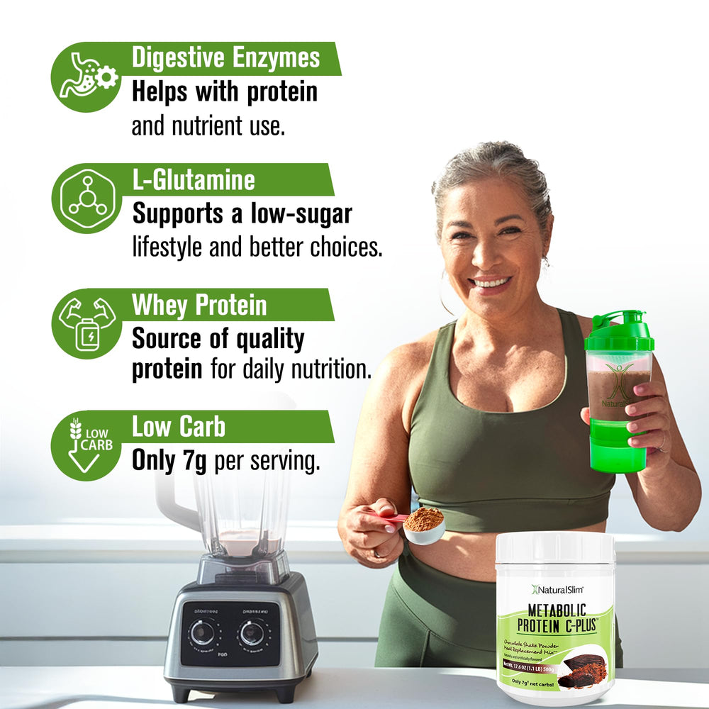 NaturalSlim Metabolic Protein C-Plus chocolate in a glass with creamy texture ready to sip.