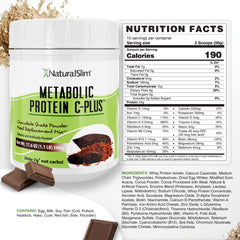 Close-up of NaturalSlim Metabolic Protein C-Plus label with vitamins highlight.