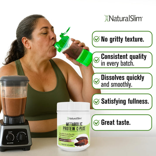 NaturalSlim Metabolic Protein C-Plus chocolate shake being poured, ideal for a quick meal replacement.