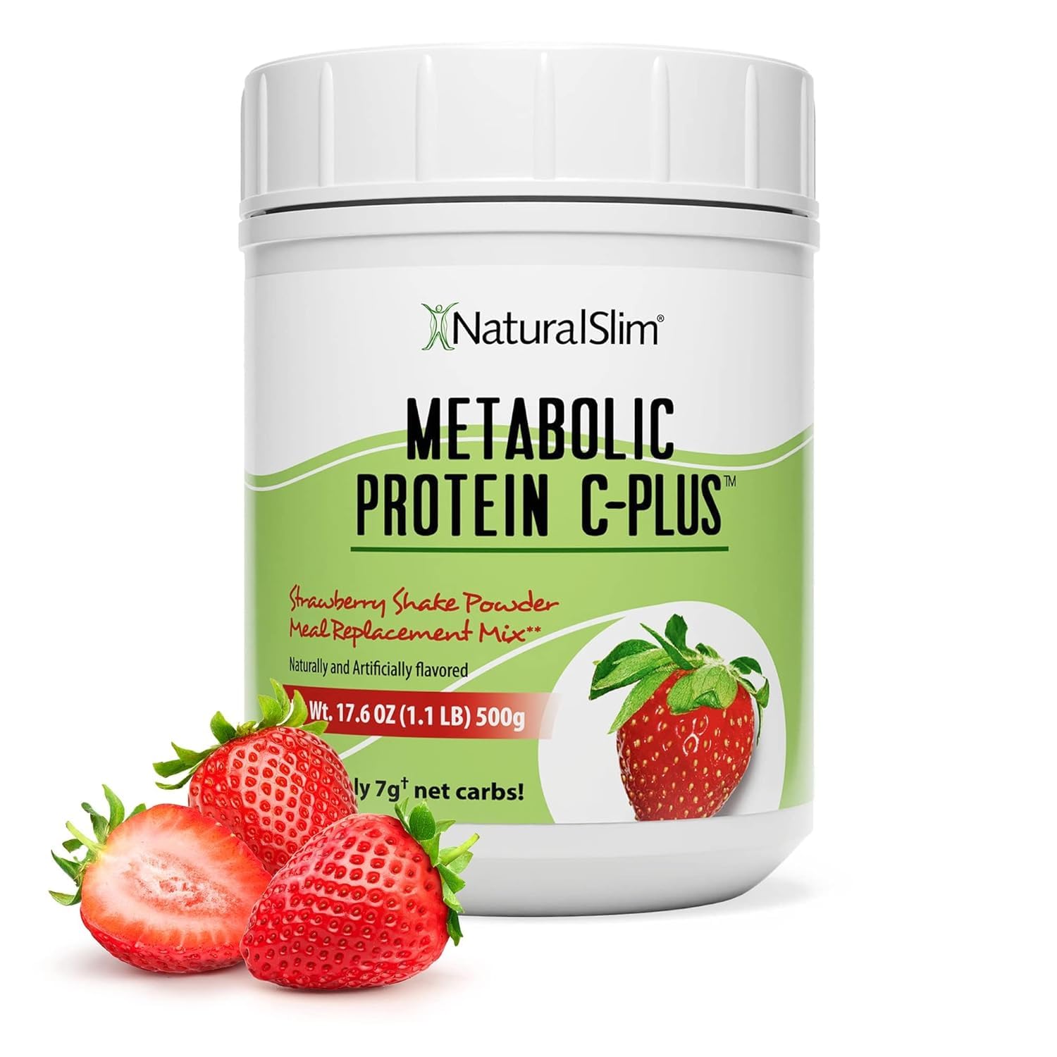NaturalSlim Metabolic Protein C-Plus strawberry bottle beside a glass for a quick shake