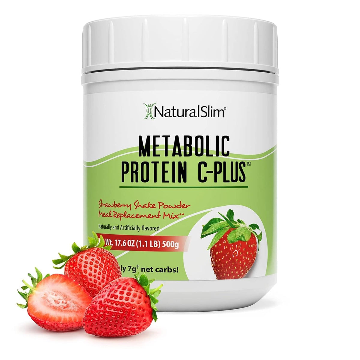 NaturalSlim Metabolic Protein C-Plus strawberry bottle beside a glass for a quick shake