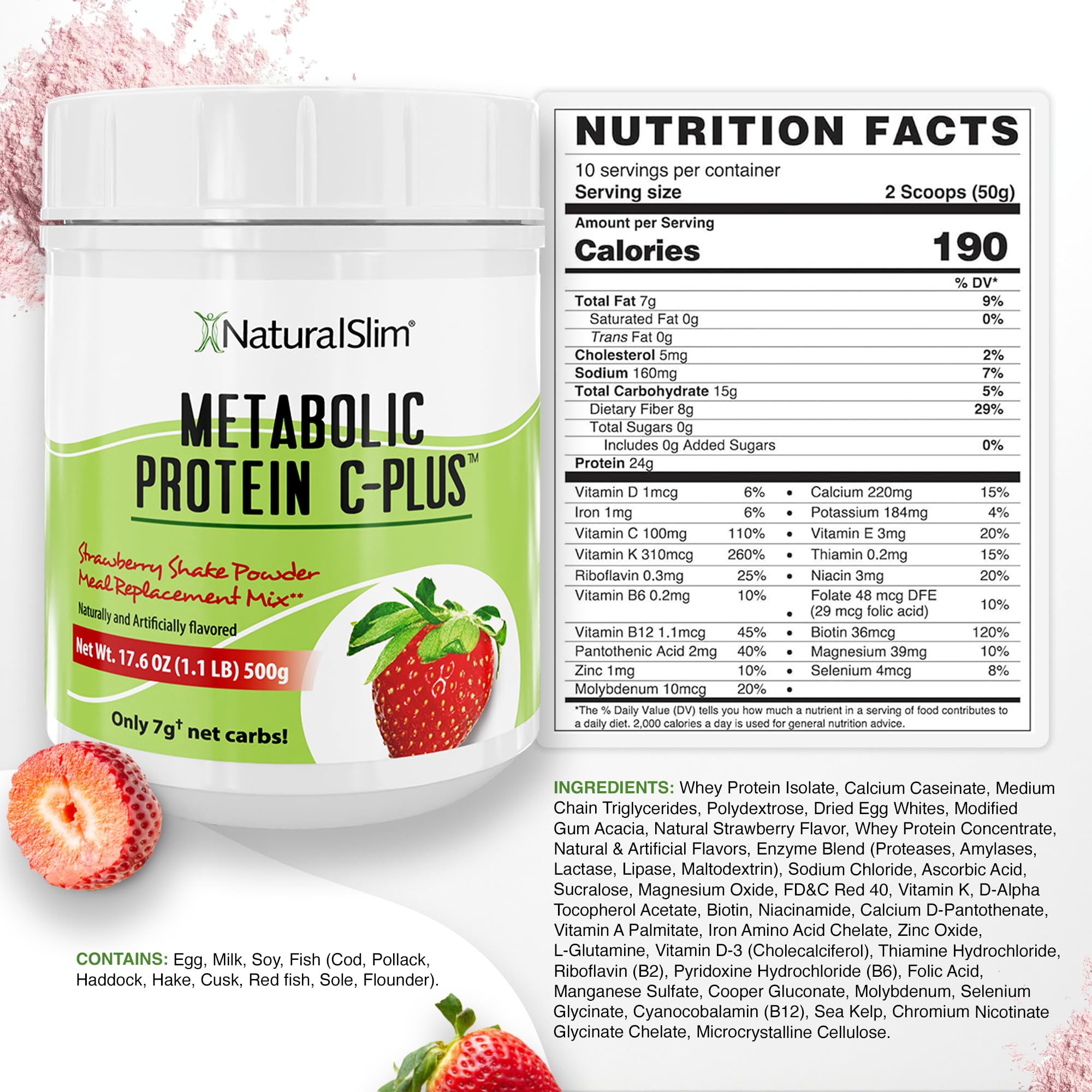 NaturalSlim Metabolic Protein C-Plus strawberry tub on kitchen counter