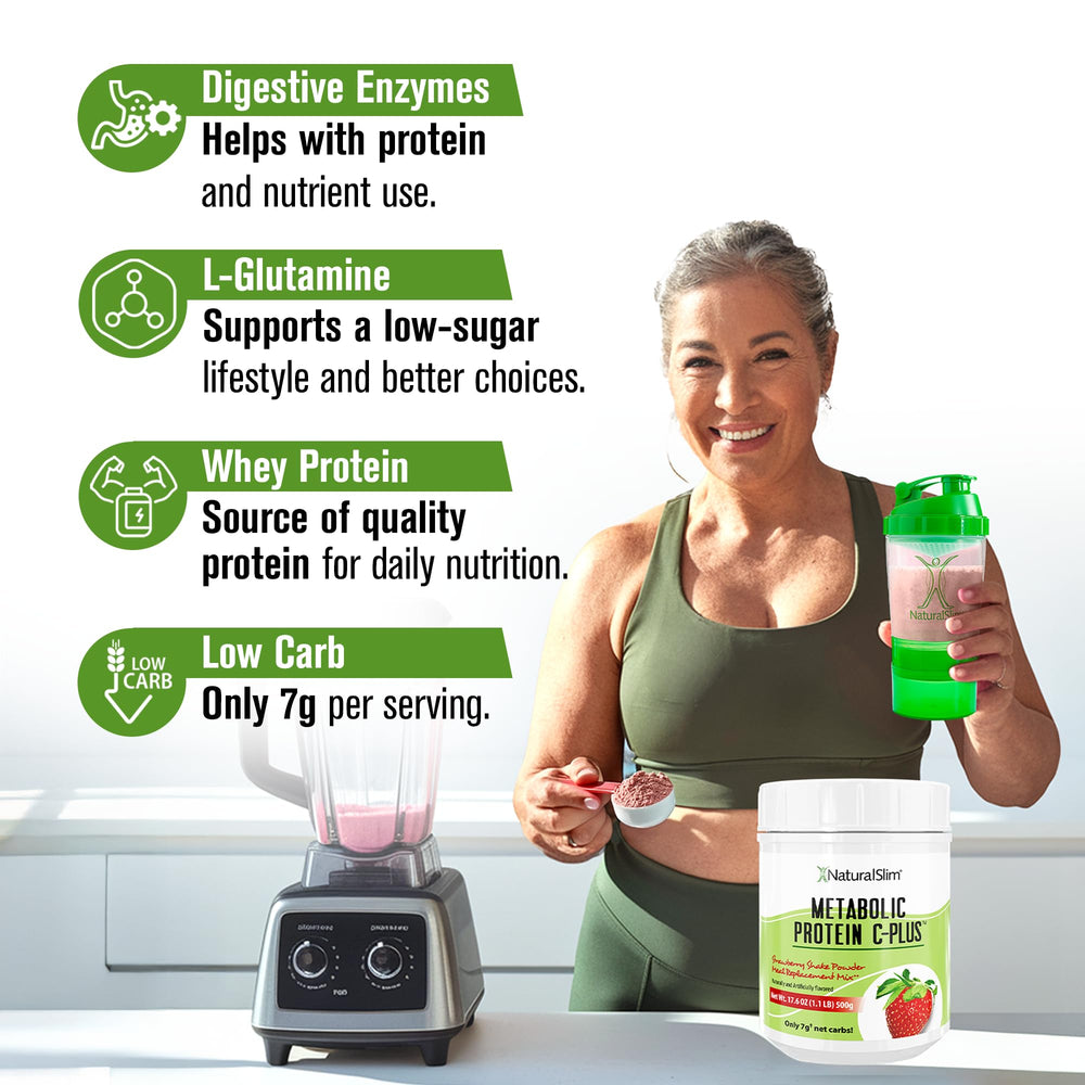 NaturalSlim Metabolic Protein C-Plus strawberry label close-up on nutrition