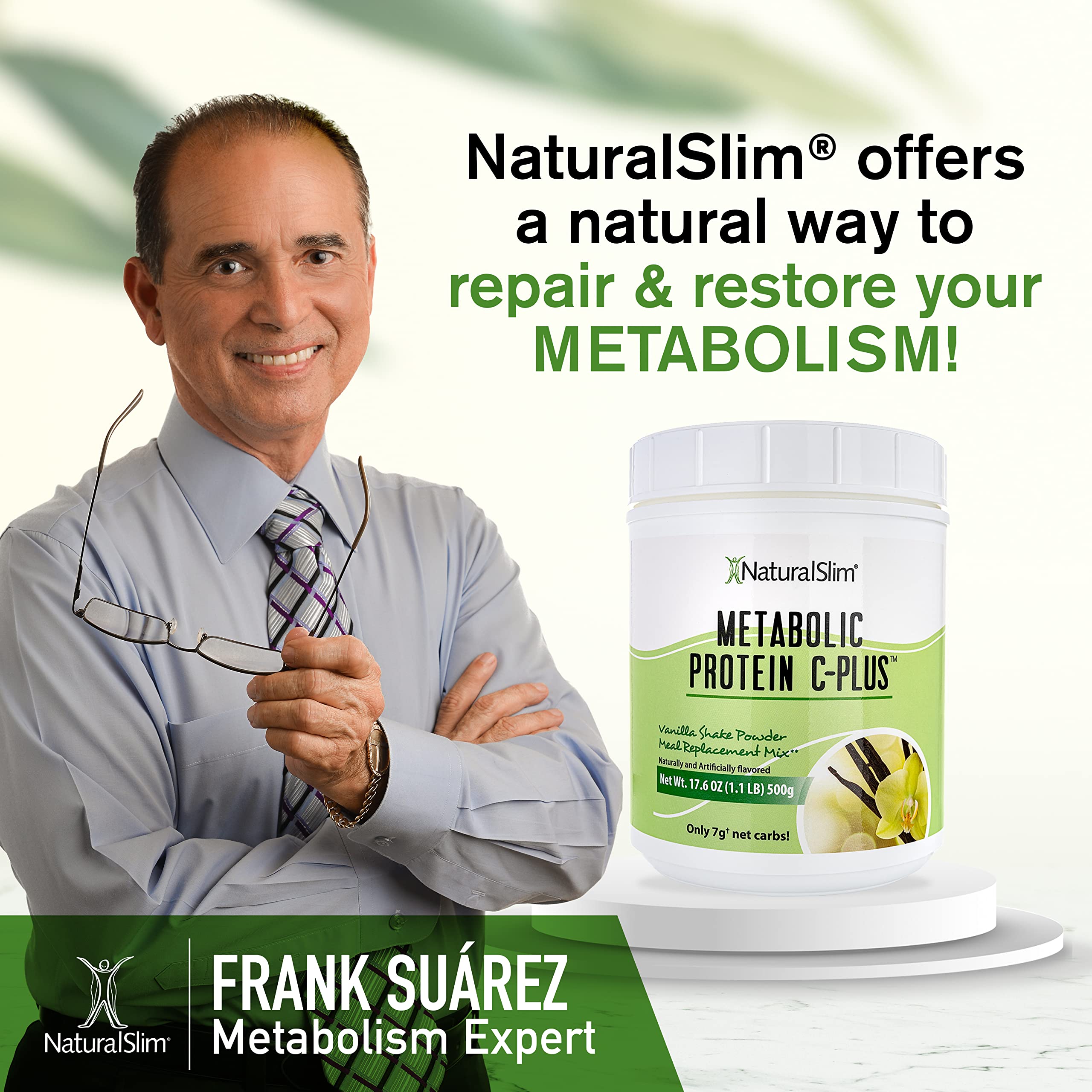 Naturalslim Metabolic Protein C-Plus vanilla fitness setup suggests post-workout recovery option.