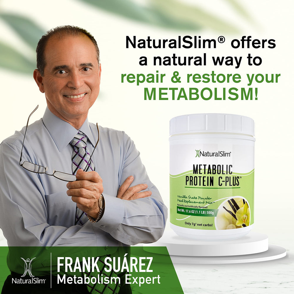 Naturalslim Metabolic Protein C-Plus vanilla fitness setup suggests post-workout recovery option.
