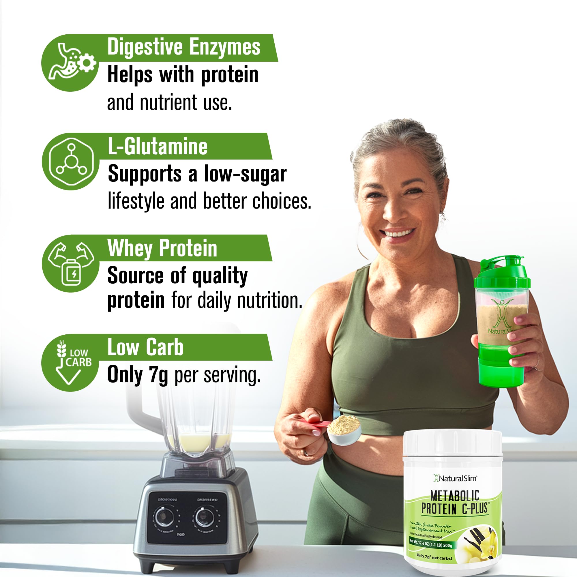Naturalslim Metabolic Protein C-Plus vanilla ingredients list emphasizes vitamin C and enzymes.