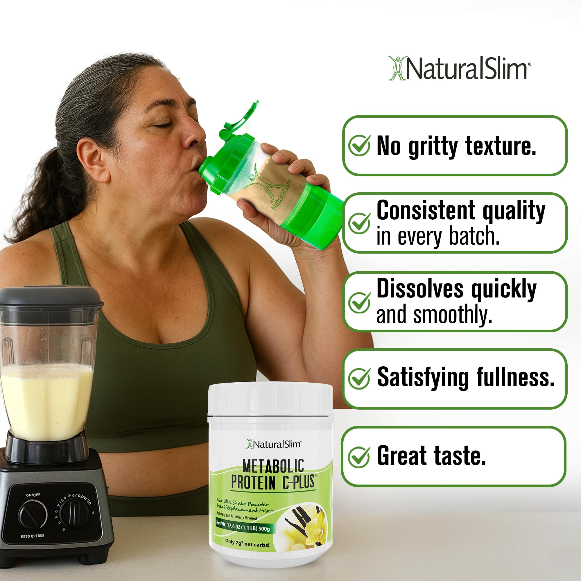 Naturalslim Metabolic Protein C-Plus vanilla shake in glass highlights creamy texture.