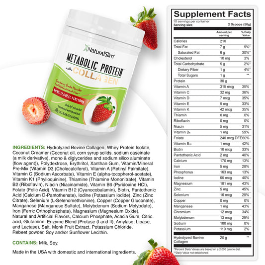 NaturalSlim Metabolic Protein Scoop beside a glass for easy portioning.