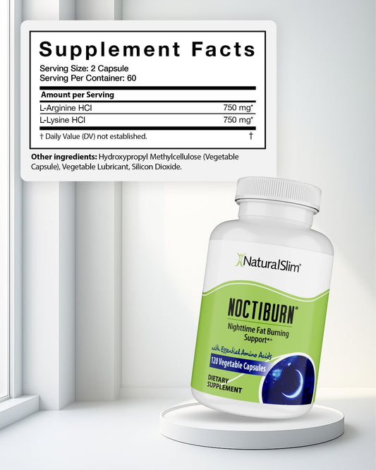 NaturalSlim NoctiBurn capsules laid out, featuring L-Arginine and L-Lysine for structured evenings.