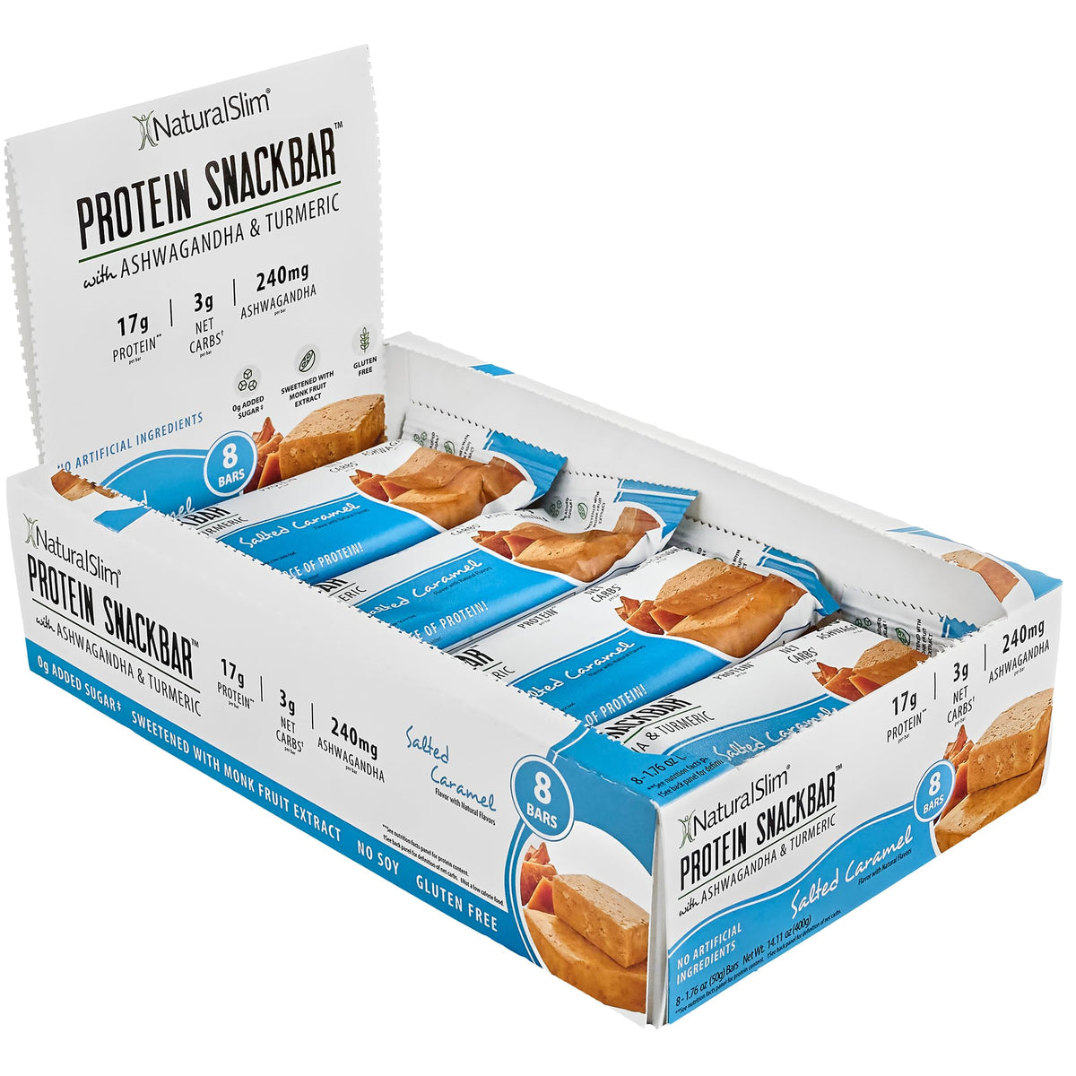 NaturalSlim protein bar close-up showing ashwagandha and turmeric in a nutritious snack