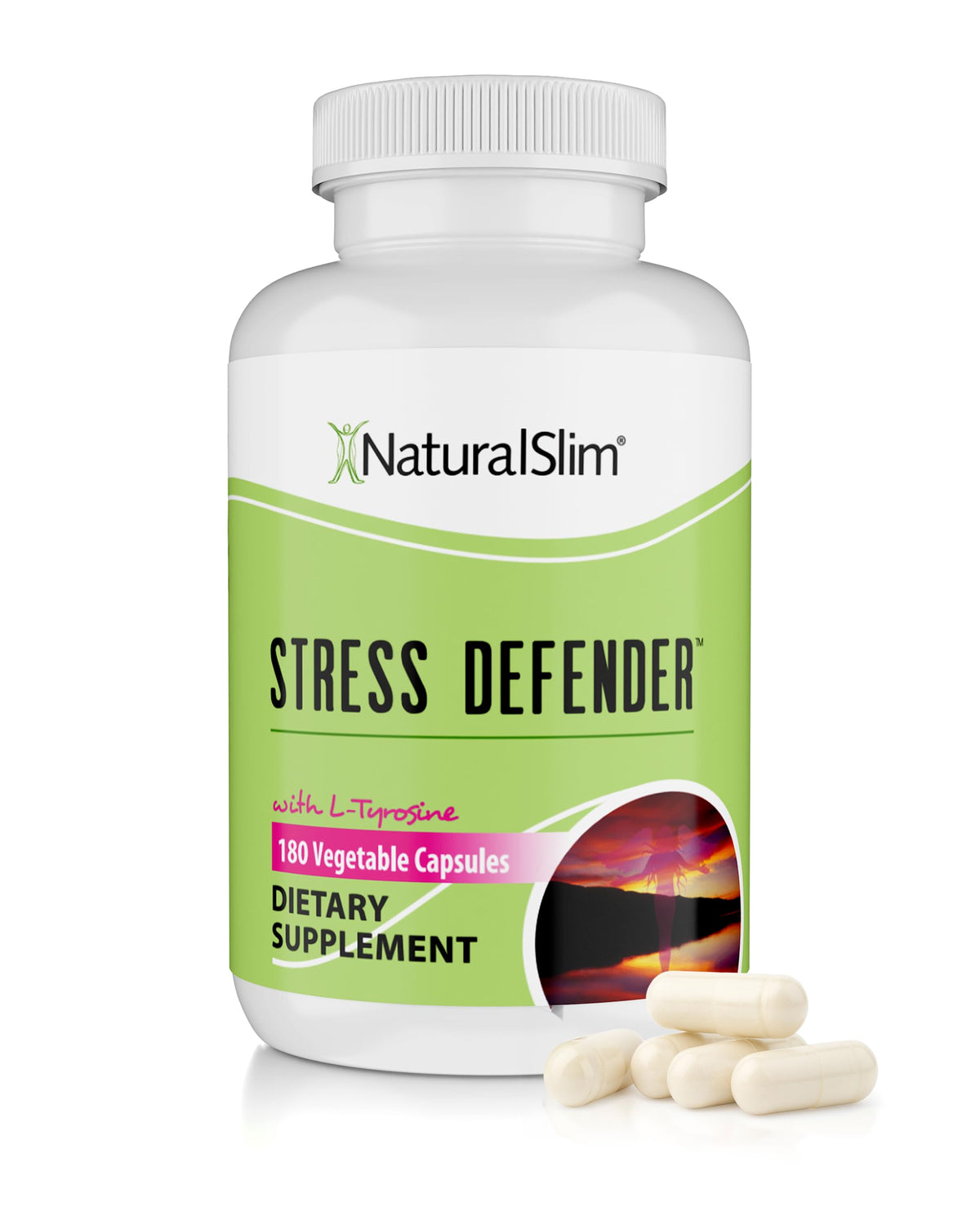 NaturalSlim Stress Defender bottle with capsules for daily calm and focus