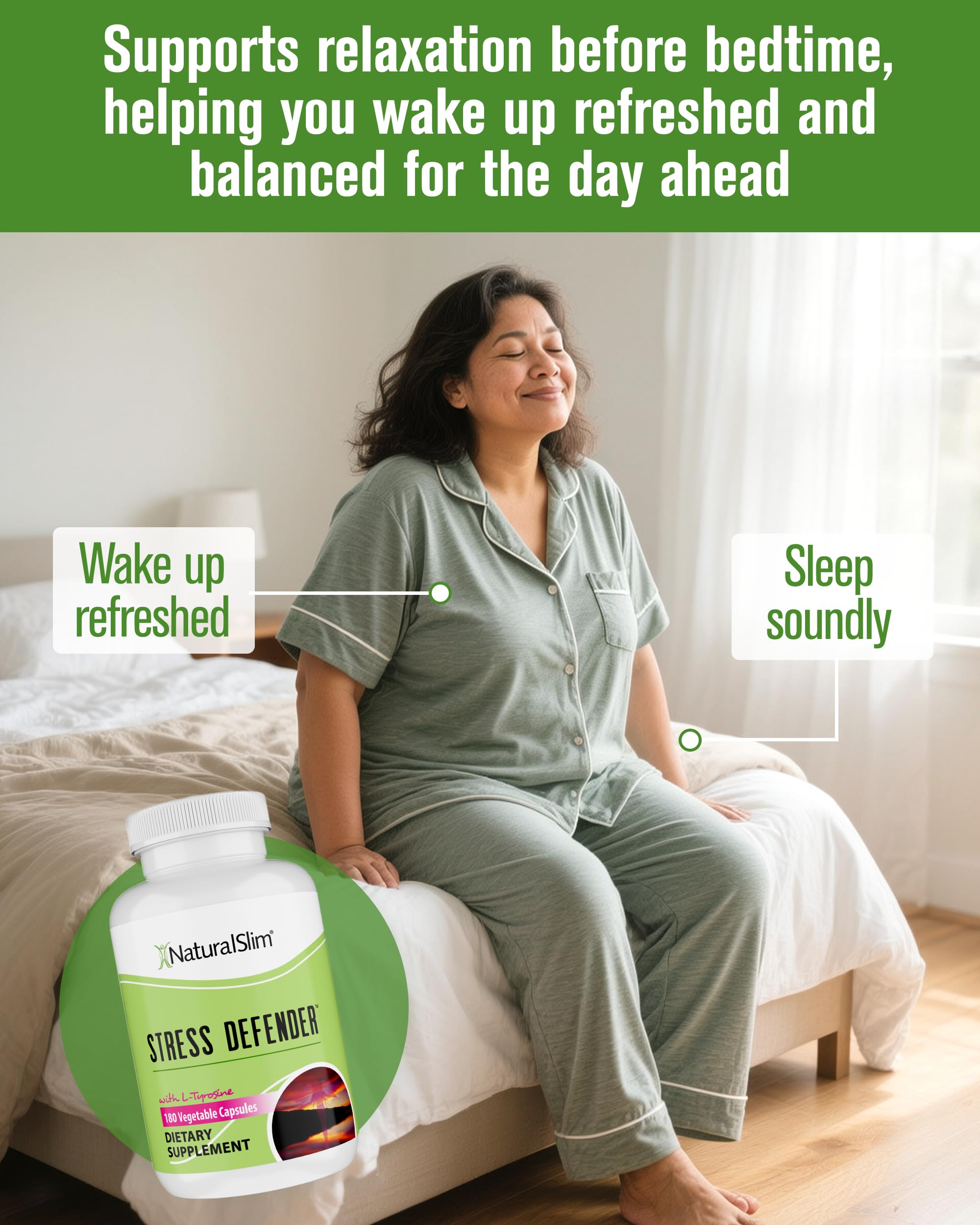 NaturalSlim Stress Defender bottle being poured illustrates convenient daily dosing.
