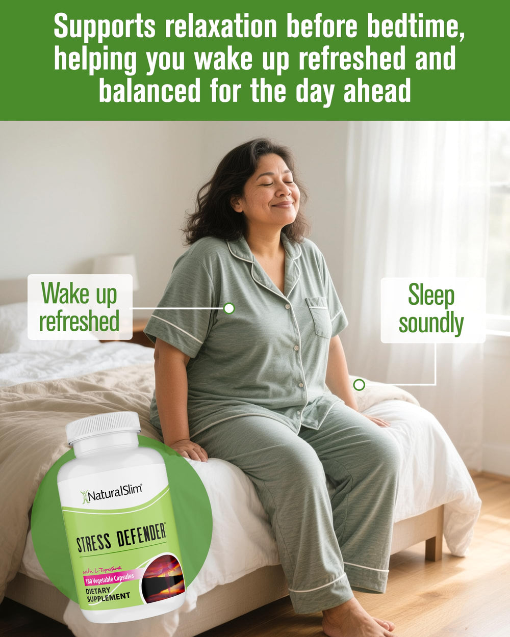 NaturalSlim Stress Defender bottle being poured illustrates convenient daily dosing.