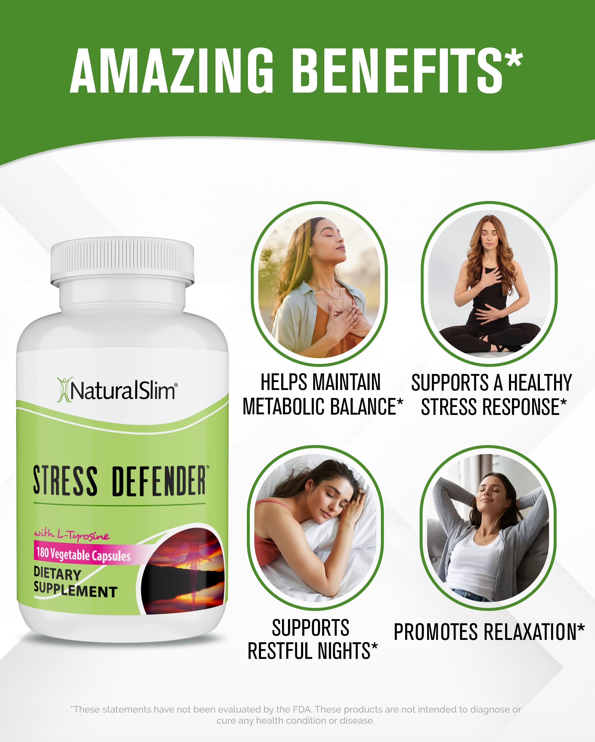 NaturalSlim Stress Defender bottle with glass suggests a simple nightly relaxation routine.