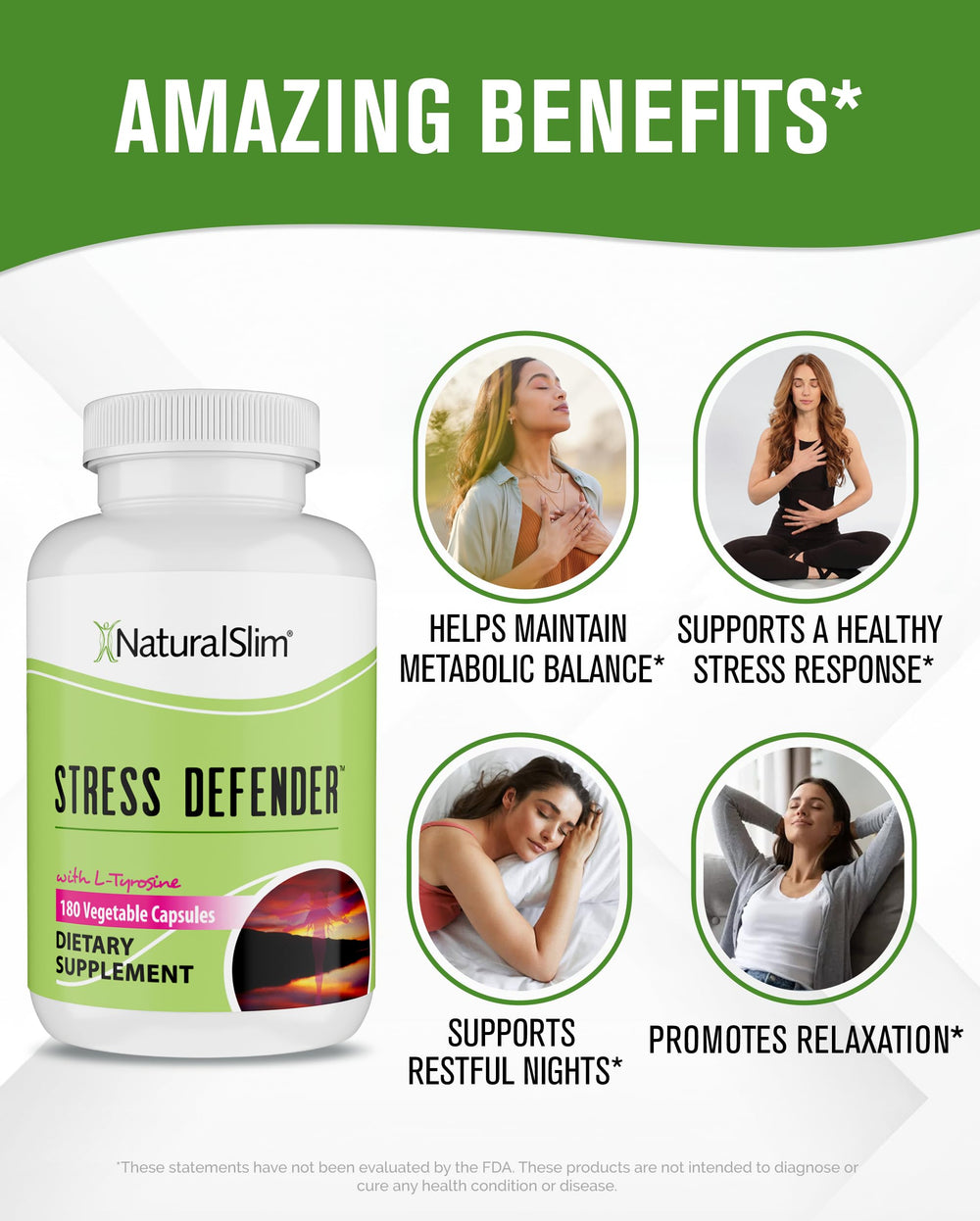 NaturalSlim Stress Defender bottle with glass suggests a simple nightly relaxation routine.