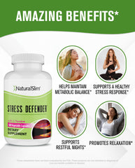 NaturalSlim Stress Defender bottle with glass suggests a simple nightly relaxation routine.
