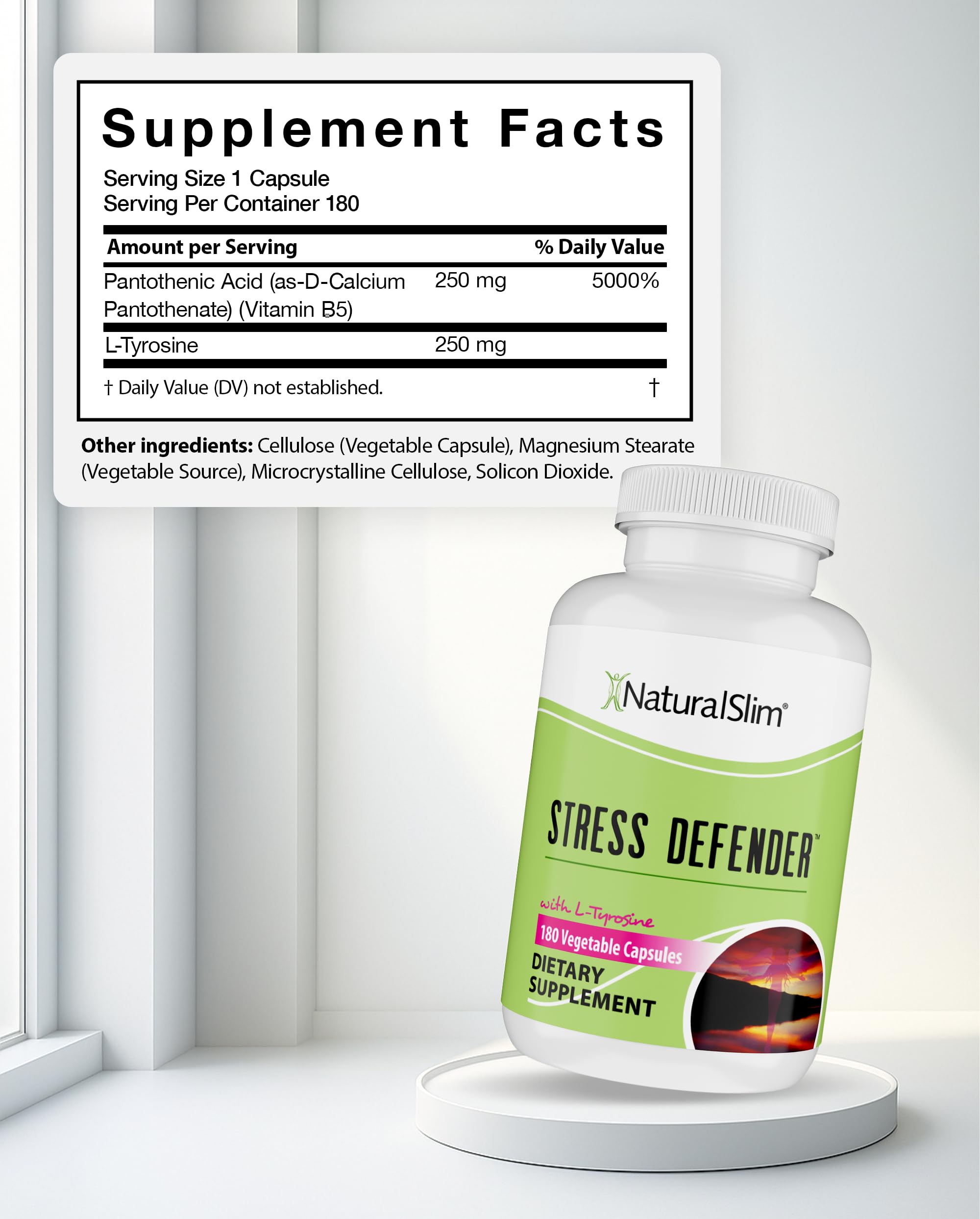 NaturalSlim Stress Defender capsules close-up highlights easy-to-swallow daily support.