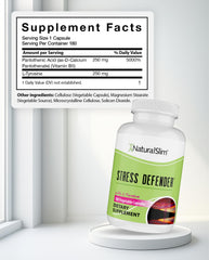 NaturalSlim Stress Defender capsules close-up highlights easy-to-swallow daily support.