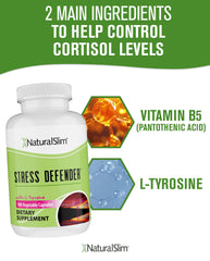 NaturalSlim Stress Defender label detail lists Vitamin B5 and L-Tyrosine for mood support.
