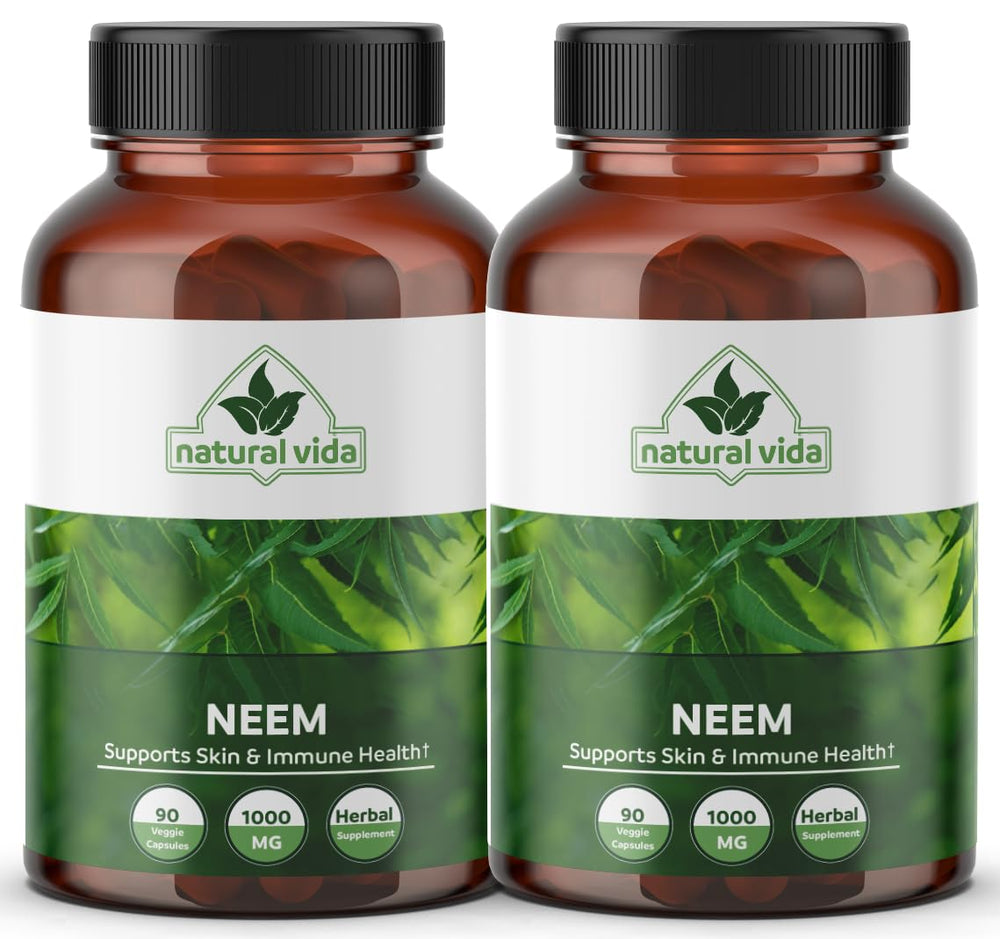 Natural Vida Neem 1000mg bottle with 90 vegan capsules for potential immune support and skin care.