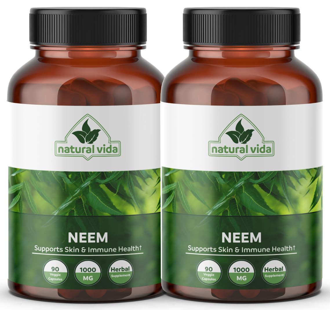 Natural Vida Neem 1000mg bottle with 90 vegan capsules for potential immune support and skin care.