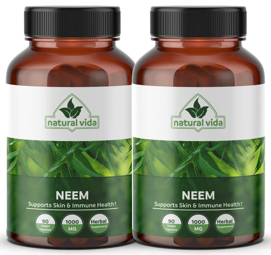 Natural Vida Neem 1000mg bottle with 90 vegan capsules for potential immune support and skin care.