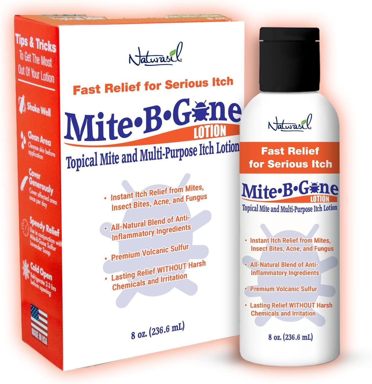Naturasil Mite-B-Gone bottle-front shows branding for itch relief on skin