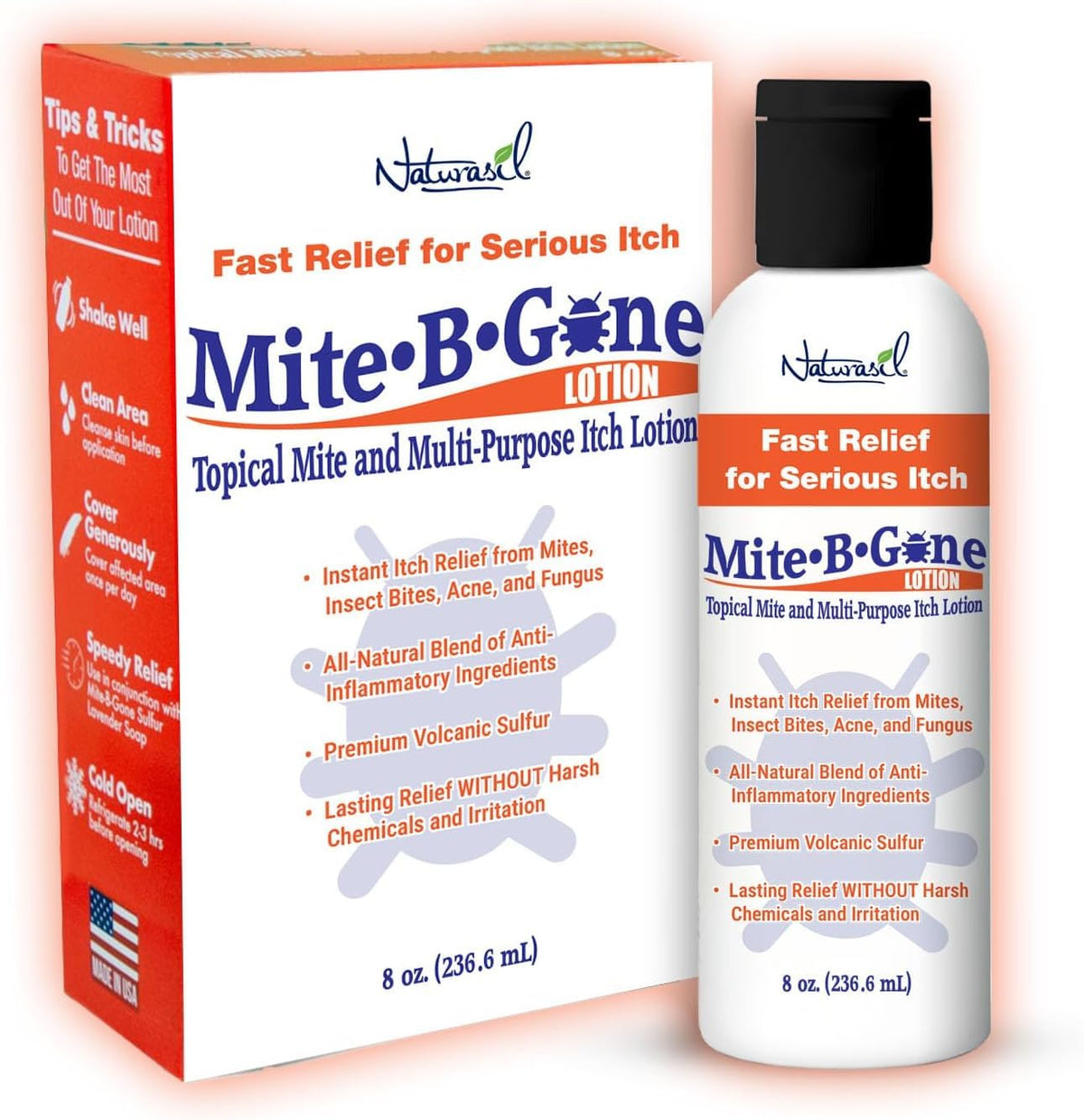 Naturasil Mite-B-Gone bottle-front shows branding for itch relief on skin
