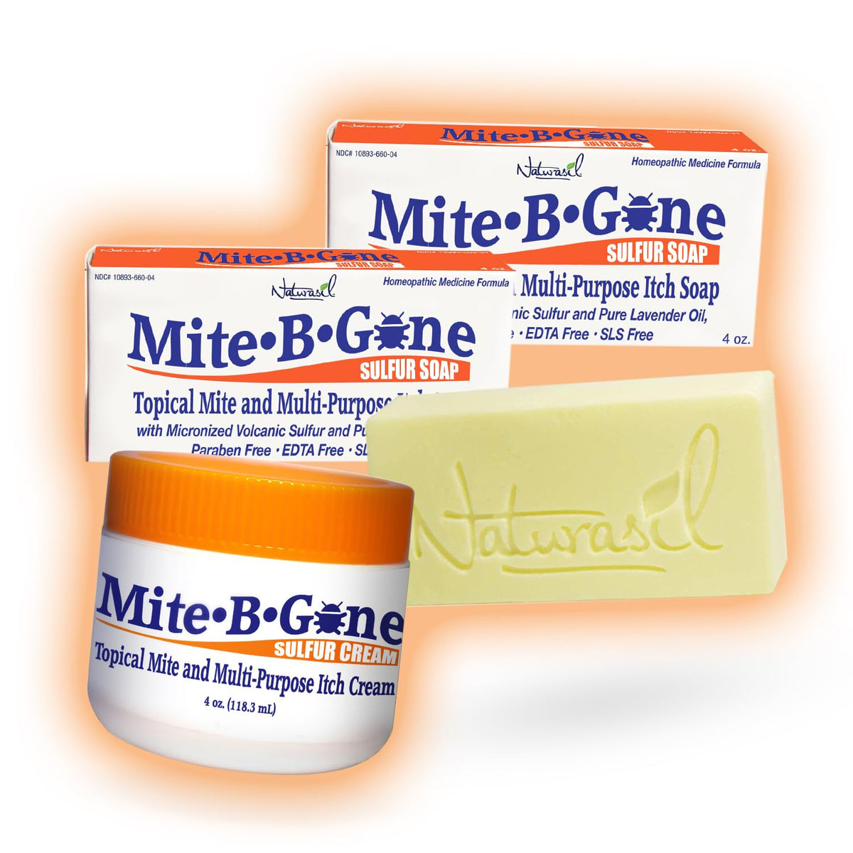 Naturasil Mite-B-Gone cream 4oz bottle delivering soothing itch relief on skin.