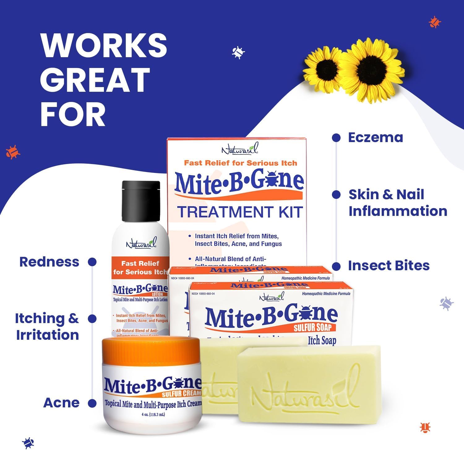 Naturasil Mite-B-Gone cream application on forearm for quick relief.