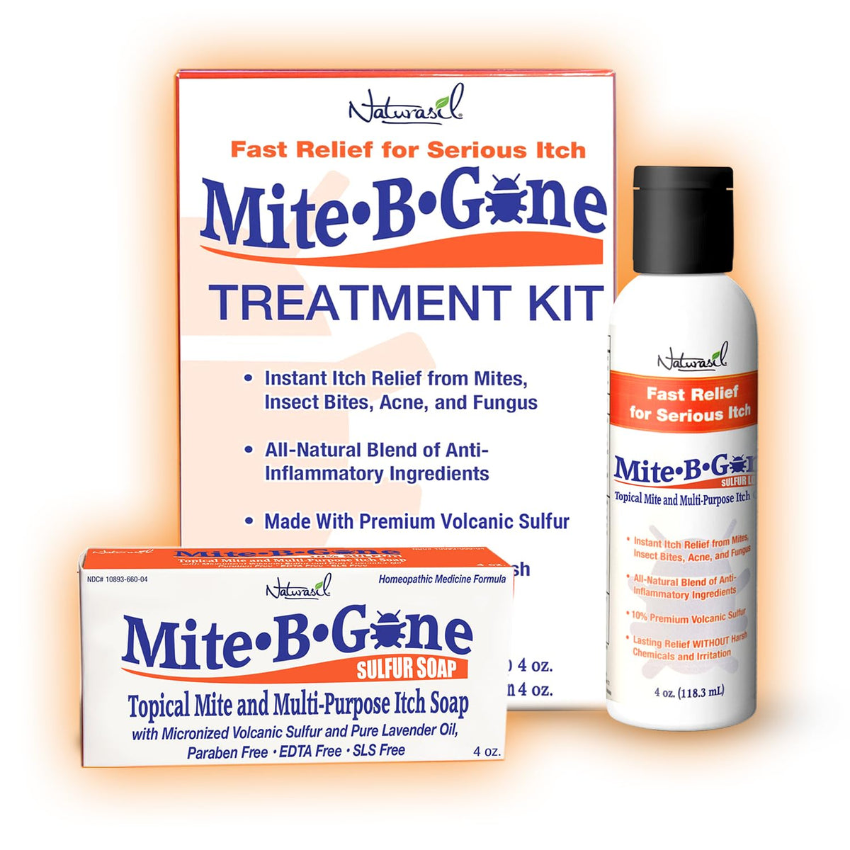 Naturasil Mite-B-Gone kit sulfur lotion bottle for soothing itch relief.