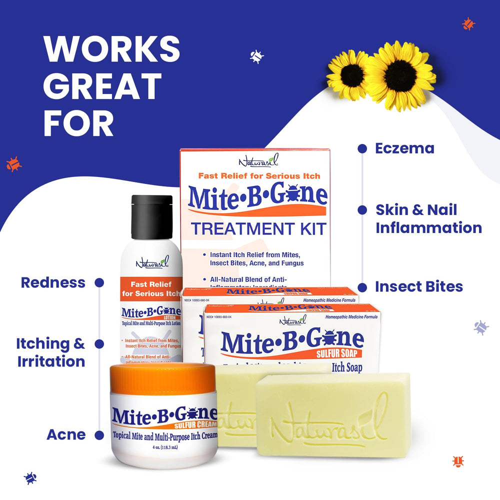 Naturasil Mite-B-Gone label closeup highlighting natural ingredients for gentle skin comfort