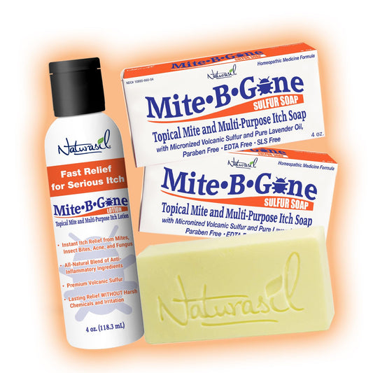 Naturasil Mite-B-Gone pack front view showing kit for natural itch relief