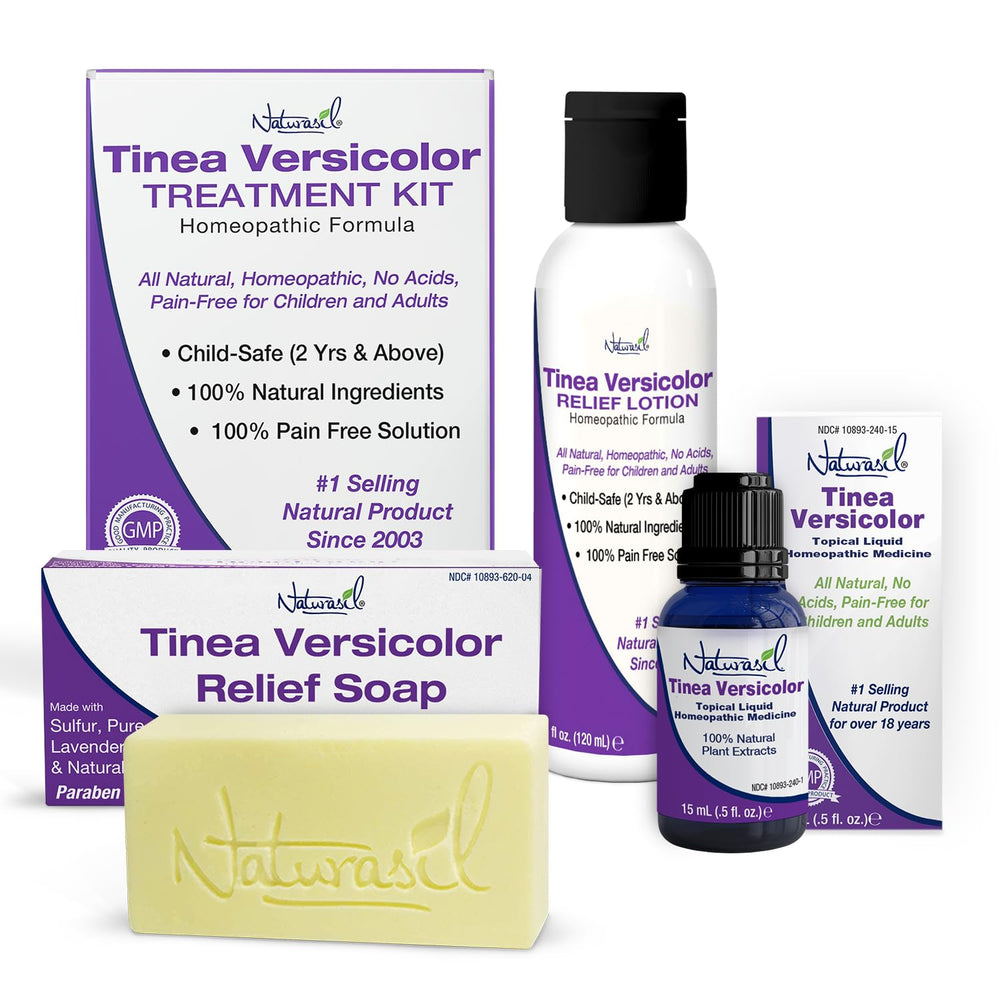 Naturasil Tinea Versicolor pack bottle pour demonstrates quick lotion application for skin spots