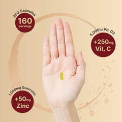 Visual of Vitamin C and D3 icons paired with quercetin for immune balance by NatureBell.