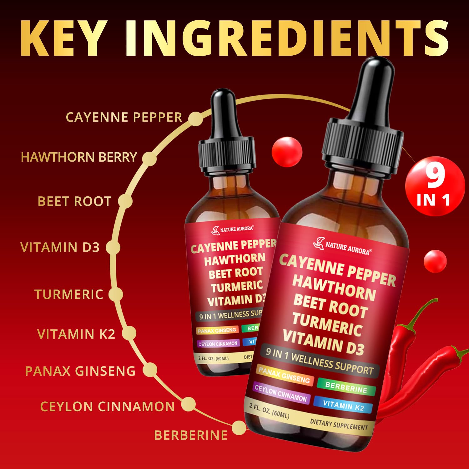 Nature Aurora Cayenne Pepper Liquid Drops close-up hawthorn berry and cayenne for circulation.
