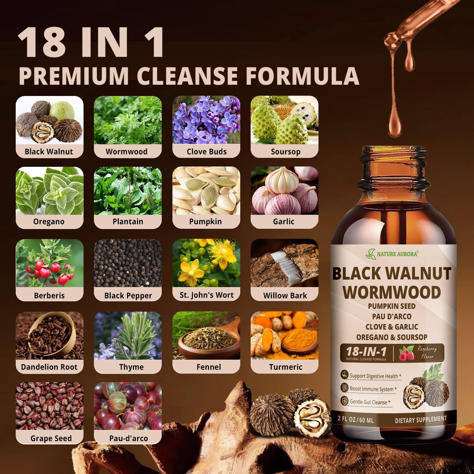 Nature Aurora raspberry-flavored drops ready to mix for a tasty cleanse.