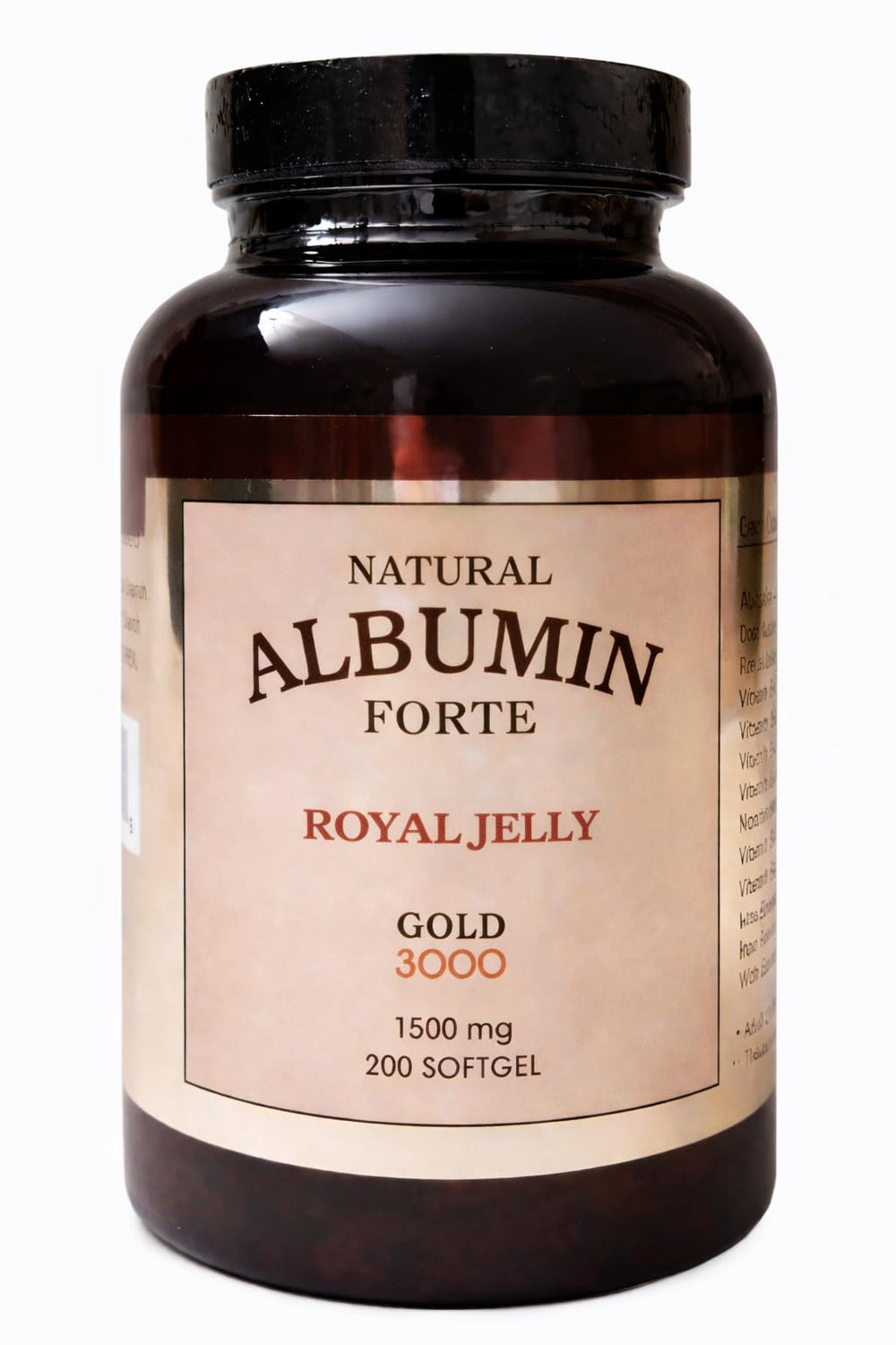 Nature-Bio Albumin Forte Royal Jelly bottle displaying a source of natural strength and balance