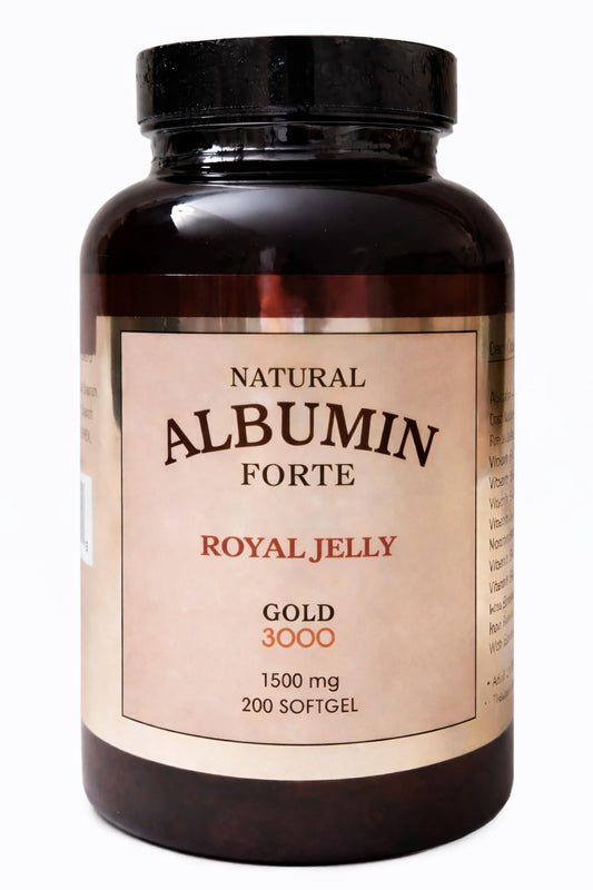 Nature-Bio Albumin Forte Royal Jelly bottle displaying a source of natural strength and balance